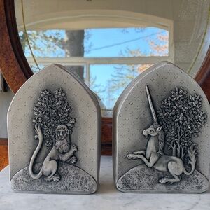 RESERVED msyentl11 Vintage Repro Unicorn & Lion Gray Stone Bookends from 15th c.